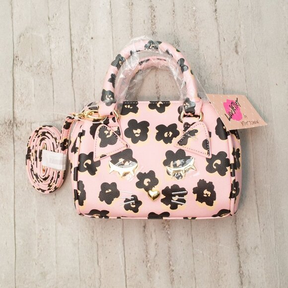 NWT Betsey Johnson Kitty Cat Mini Barrel Satchel in Black and Pink - Picture 1 of 10